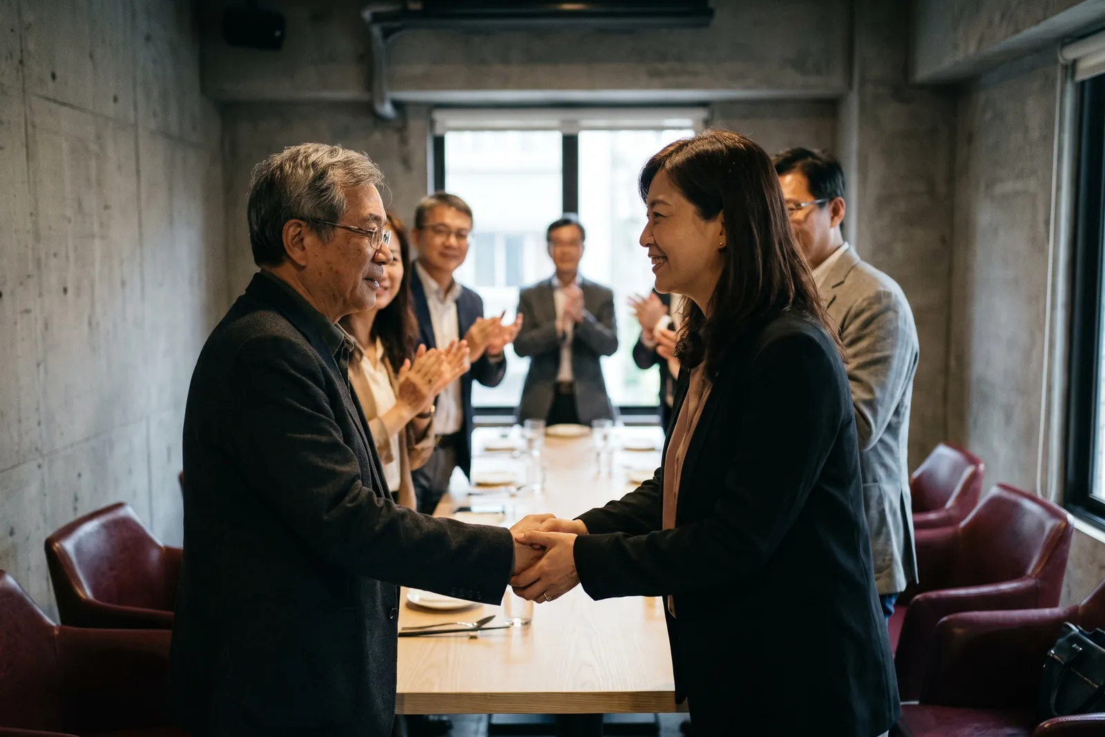 交接餐會上,卸任的社長跟新任社長握手,後面的成員在鼓掌。